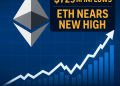 Ethereum (ETH) price surges near all-time high with glowing silver ETH logo, stock market charts, and $729M spot Ether ETF inflow data, symbolizing record-breaking institutional demand.