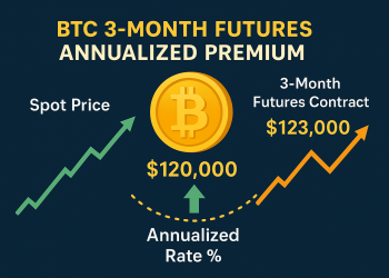 BTC 3-month futures annualized premium chart showing spot price vs 3-month futures contract, with Bitcoin coin icon and upward trend lines
