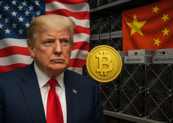 Former U.S. President Donald Trump stands in front of the American flag, next to rows of Bitmain Antminer Bitcoin mining machines, with the Chinese flag in the background and a large gold Bitcoin emblem symbolizing trade tensions and a $314M ASIC deal.