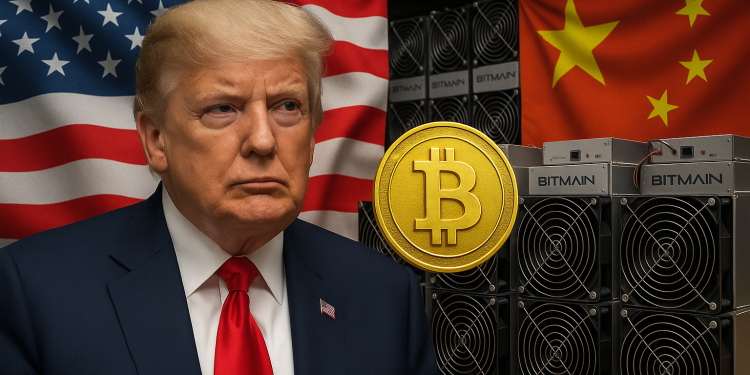 Former U.S. President Donald Trump stands in front of the American flag, next to rows of Bitmain Antminer Bitcoin mining machines, with the Chinese flag in the background and a large gold Bitcoin emblem symbolizing trade tensions and a $314M ASIC deal.