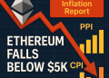 Ethereum price drop illustration showing a sharp red arrow below $5K after a hot U.S. inflation report, with silver Ethereum logo, PPI and CPI bar charts on a dark blue grid background.