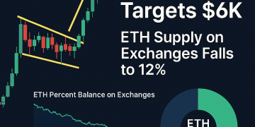 Ethereum bull flag breakout chart with $6K target, falling exchange supply data, and staking percentage showing potential supply squeeze.