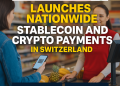 Inside a Spar supermarket in Switzerland, a customer scans a QR code on her smartphone to pay with stablecoins or cryptocurrency, with a smiling cashier at the checkout and Binance Pay and DFX.swiss logos displayed.