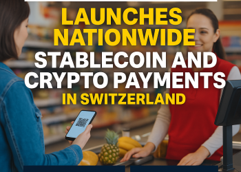 Inside a Spar supermarket in Switzerland, a customer scans a QR code on her smartphone to pay with stablecoins or cryptocurrency, with a smiling cashier at the checkout and Binance Pay and DFX.swiss logos displayed.