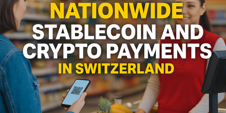 Inside a Spar supermarket in Switzerland, a customer scans a QR code on her smartphone to pay with stablecoins or cryptocurrency, with a smiling cashier at the checkout and Binance Pay and DFX.swiss logos displayed.
